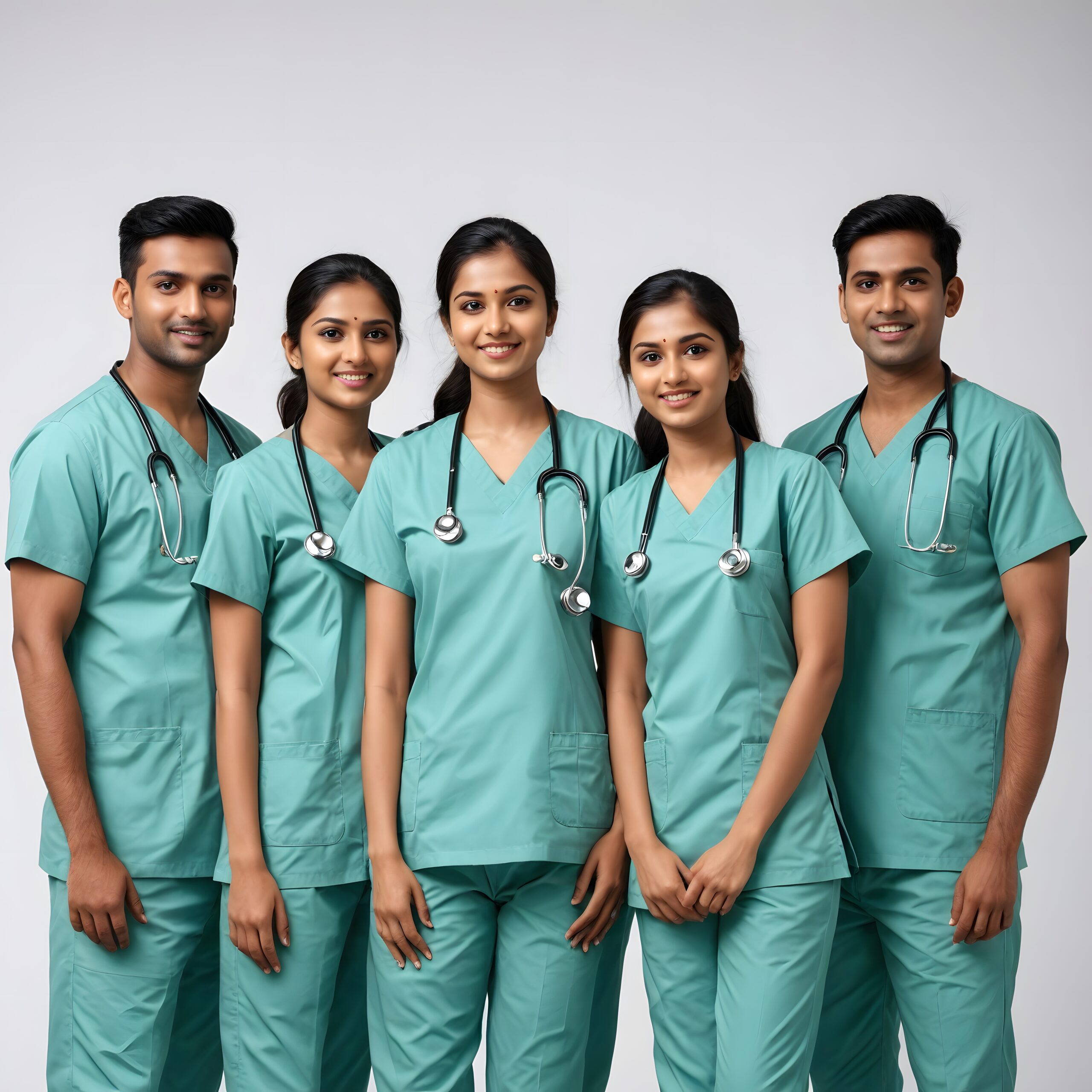 four people wearing green uniforms with words medical them scaled