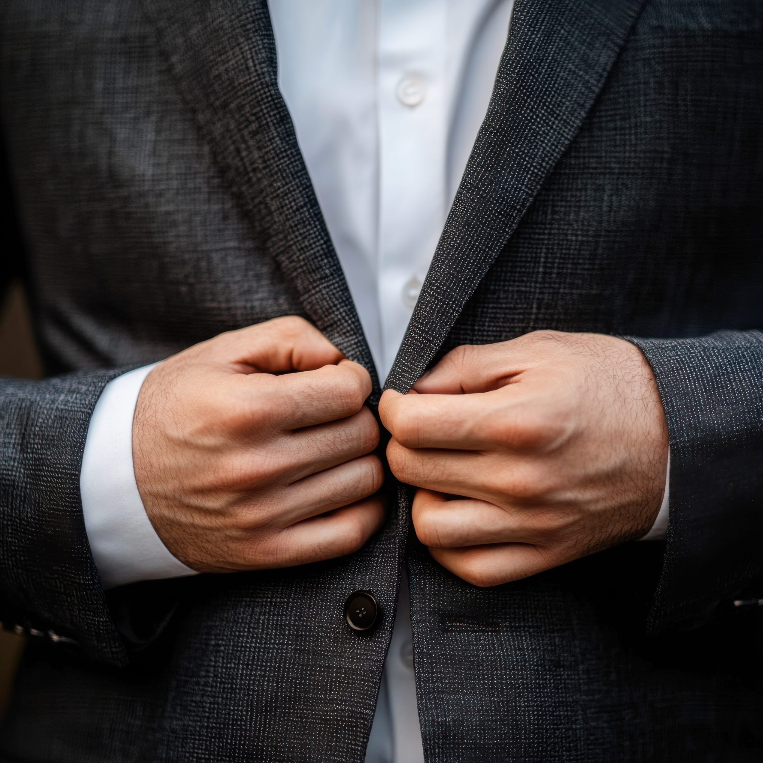 man adjusting gray blazer buttons outdoors in a casual setting during daylight